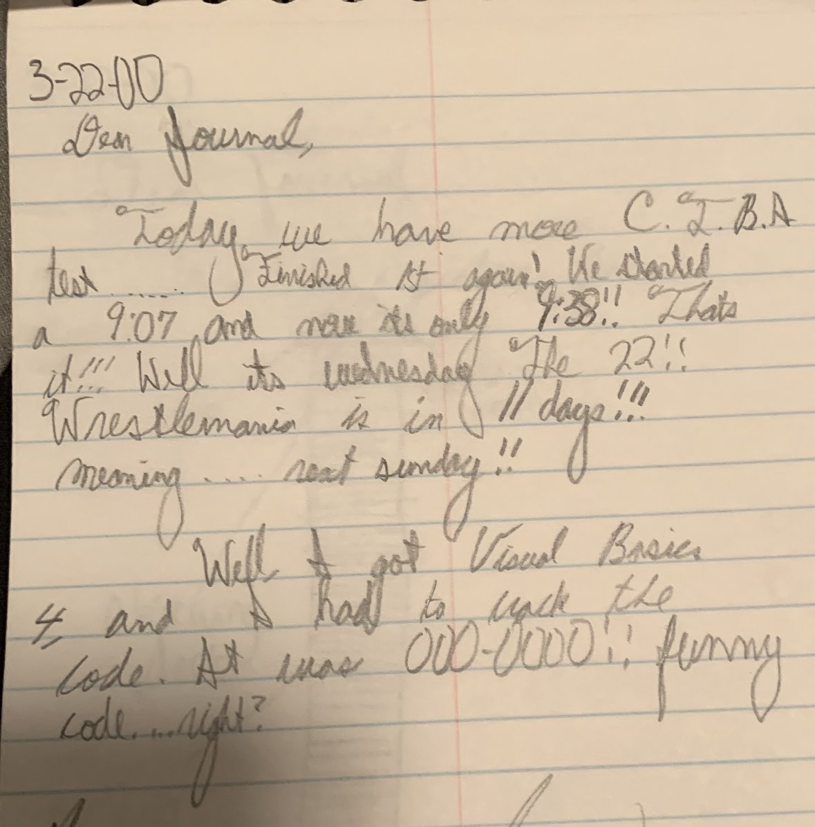 My handwritten journal entry from March 22, 2000 about getting Visual Basic 4.0